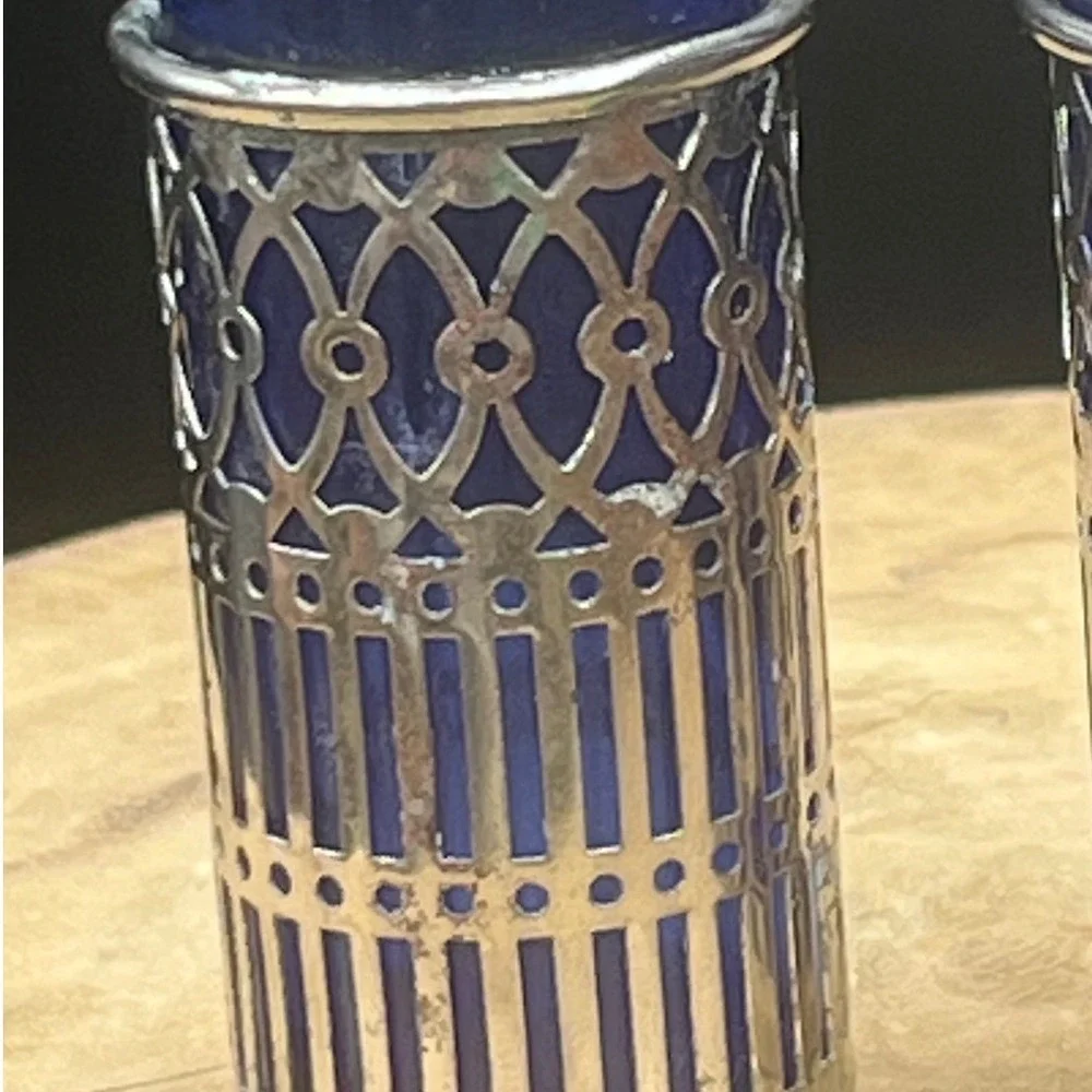 1970s Cobalt Glass Silver Plated Salt and Pepper Shakers  Japan‎